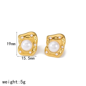 18k gold plated stainless steel pearl earrings with zircon insets, size 19x15.5mm