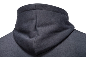 Detailed close-up of double-layer hood and stitching on dark gray fleece-lined hoodie