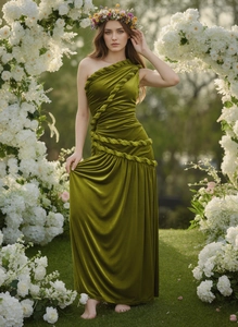 Detail of velvet dress with one-shoulder twist design and elegant side draping fabric