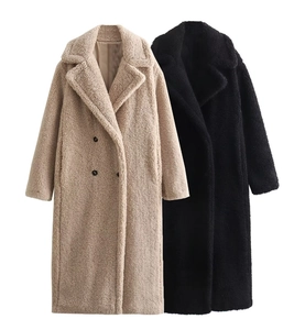 Détails de longs manteaux teddy à double boutonnage en polaire beige et noire
