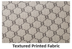 Detailed view of the textured printed fabric with dark brown geometric chain pattern