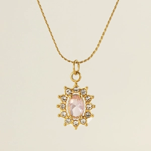 Titanium steel gold necklace with pink oval zircon pendant and water drop crystal detail