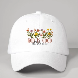White baseball cap with floral God Is Good print and adjustable strap for outdoors