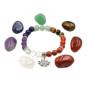 Chakra natural crystal stone yoga bracelet set with silver lotus pendant on white background