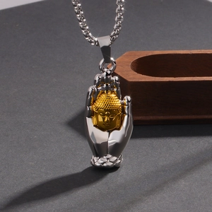 Silver Buddha hand pendant necklace with gold Buddha head and premium metal chain