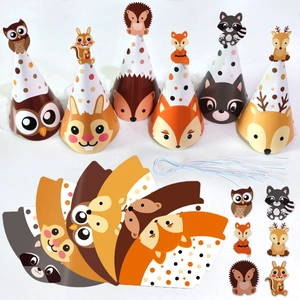 DIY forest animal party hats kit with owl, fox, and deer patterns for kids' birthdays