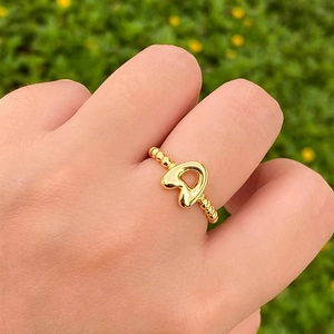 18K gold letter A bubble bead ring with adjustable open band for women on finger