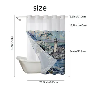Size chart for double-layer nautical shower curtain with lighthouse and wave print