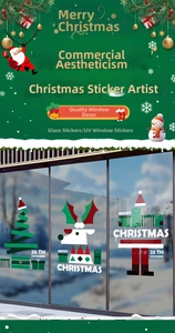 Detail of Christmas reindeer window decals with geometric trees and Merry Christmas text