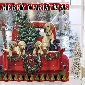 Detail of Christmas shower curtain with red truck, Labradors, and Merry Christmas text