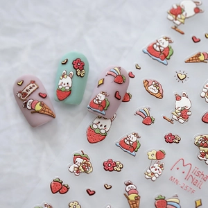 5D embossed rabbit and strawberry nail art stickers with cute 3D cartoon designs