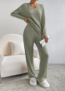 Close-up of Morandi green ribbed knit set with V-neck top and wide-leg lounge trousers