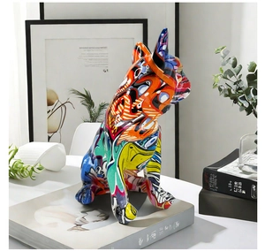 Detail of creative graffiti bulldog resin sculpture as modern home decor piece