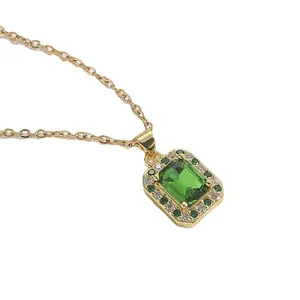 Square emerald zircon pendant on golden titanium steel chain necklace for women