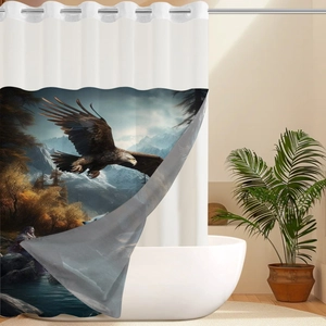 Detail of waterproof shower curtain featuring eagle landscape print and forest mountain scenery
