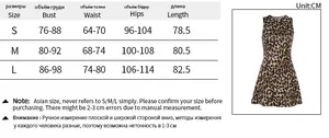 Detailed size chart with measurements for the leopard print slim fit sleeveless mini dress
