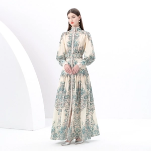 Retro stand collar lantern sleeve maxi dress with blue damascus print and waist belt