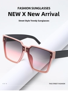Detail of pink square frame sunglasses with gradient lenses and gold metal accents