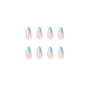 Blue French tip almond press-on nails with silver glitter waves for women