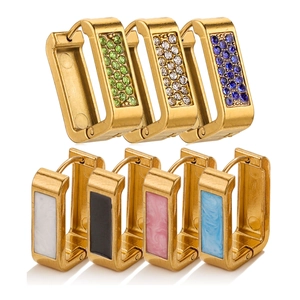 Rectangular Hoop Earrings Gold Plated Stainless Steel With Rhinestone And Enamel Geometric U Shaped Fashion For Women