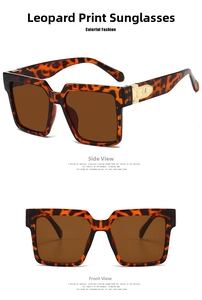 Detail view of leopard print square frame sunglasses with golden M logo and brown lens