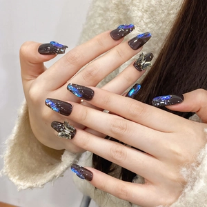 Handmade Press On Nails Long Coffin 3D Butterfly Aurora Blue Cat Eye Effect Transparent Black Luxury False Nails