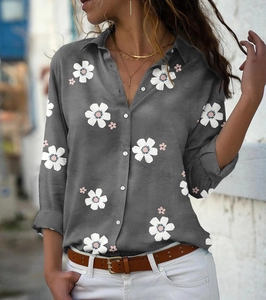 Floral print long sleeve button-up shirt in grey featuring white and pink flower patterns