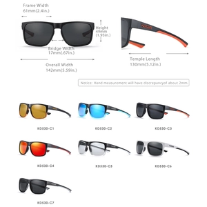 KDEAM polarized outdoor sports sunglasses with color lenses and detailed size dimensions