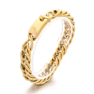 Classic 12mm golden stainless steel Cuban link bracelet with rectangular ID plate tag