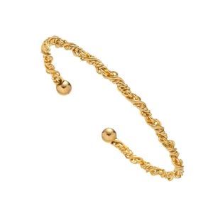 Goldener Edelstahl-Armreif mit gedrehtem Kabeldesign und Kugelenden auf weißem Grund