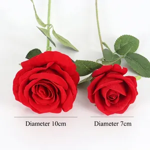 Red velvet artificial roses with green stems in 10cm and 7cm diameters for home decor
