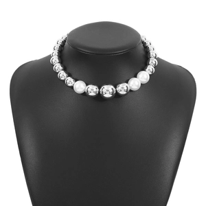 Elegant punk style choker with silver metallic beads and white gradient pearls on a neck model