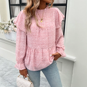 Floral Leopard Print Chiffon Blouse Long Sleeve Ruffle Stand Collar Peplum Hem Loose Casual Women Elegant Top