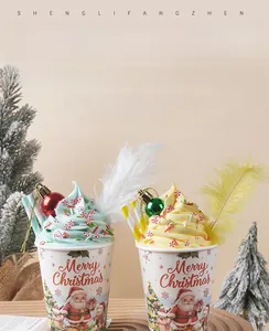 Detail of blue and yellow Christmas sundae models with festive cream and ornaments
