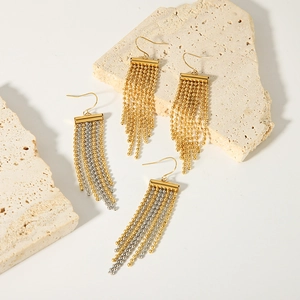 Elegant 18K gold-plated stainless steel tassel earrings featuring delicate bead chain fringe