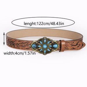 Detail of bohemian brown embossed belt with turquoise gemstone buckle and dimensions