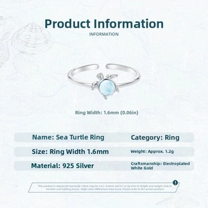 Detail of adjustable S925 silver sea turtle ring with blue stone and size specifications