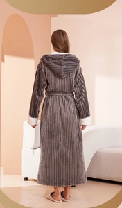 Rear view of long hooded striped bathrobe with warm fleece lining and waist belt