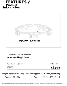 Detail specifications of S925 sterling silver bow ring showing dimensions and adjustable band