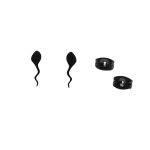 Cute black tadpole stud earrings with matte metal finish and butterfly backs