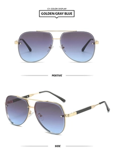 Detailed front and side views of gold square aviator sunglasses with gray blue lenses