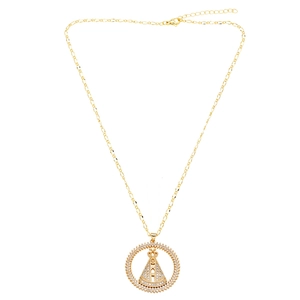 Gold plated Nossa Senhora Aparecida heart pendant necklace with zircon on Figaro chain