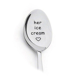 Polished stainless steel coffee spoon with 'her ice cream' heart engraving