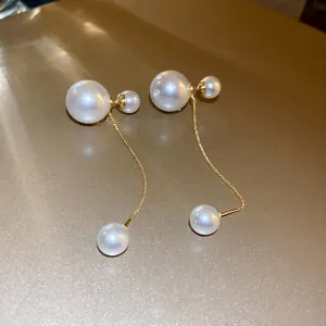 Elegant gold plated pearl tassel earrings with long chain design for women fashion