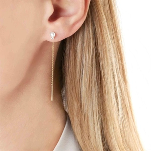 Detail of S925 silver long tassel pearl earrings with gold chain and drop bar style