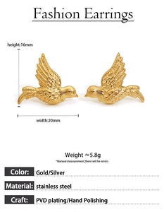 Detail showing dimensions of gold swallow earrings in polished stainless steel