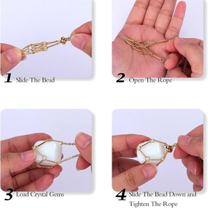 Gold metal net necklace cage with sliding bead showing how to insert crystal stone