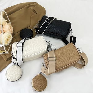 Women's woven texture dumpling shoulder bags in black, white, and khaki with wide straps