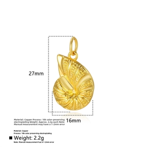 Macro detail of a 27mm 18k gold plated shell pendant with precise dimensions