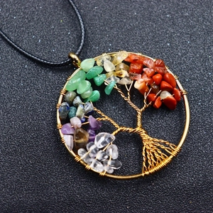 Golden Tree of Life necklace with colorful natural stone pendant on black cord